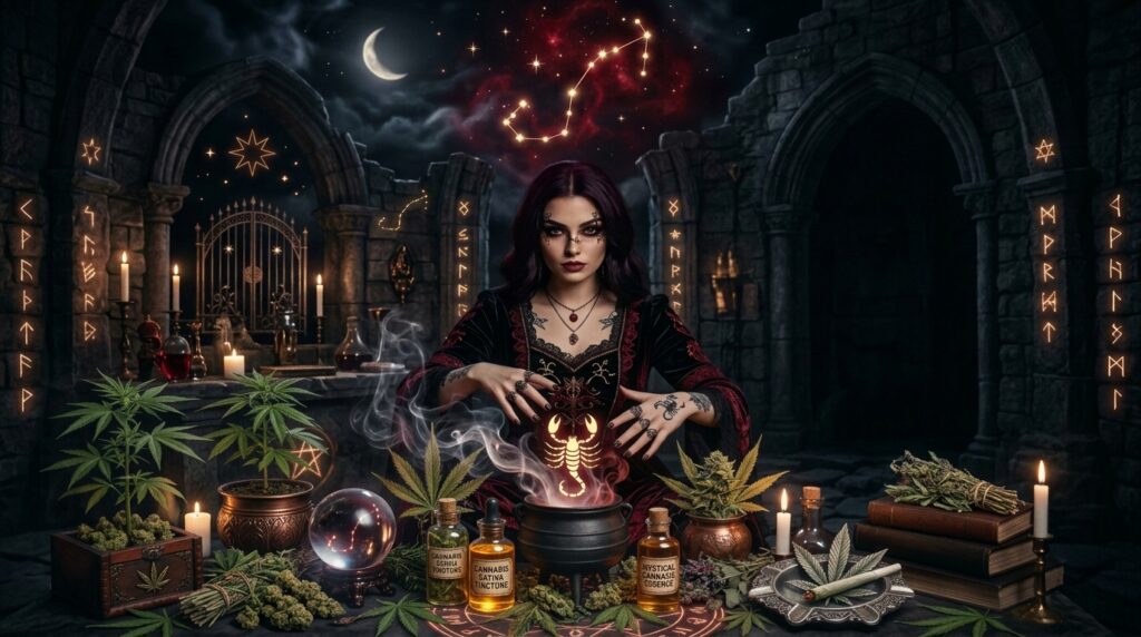 Woman doing rituals over a cauldron with a scorpio symbol in the smoke, Scorpio constellation in the sky, and plant foliage all around